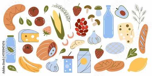 Tableau sur toile A colorful assortment of fresh food items and drinks arranged in a playful flat