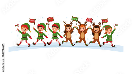 Christmas March: A whimsical illustration of a festive parade featuring a mix of elves and reindeer, joyfully waving flags in a winter wonderland.