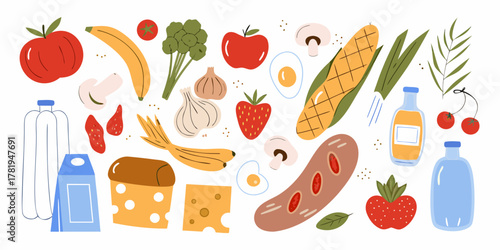 A colorful flat illustration of various fresh food items and drinks on a white background
