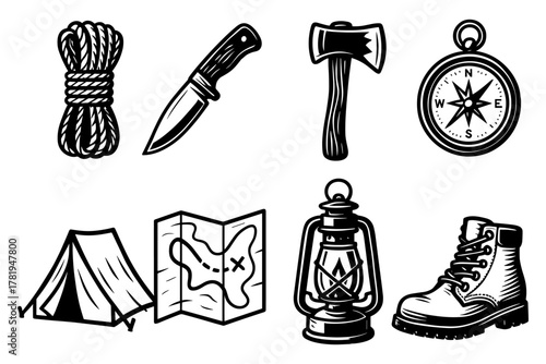 Outdoor camping gear set with retro style elements featuring tent, map, lantern, and more