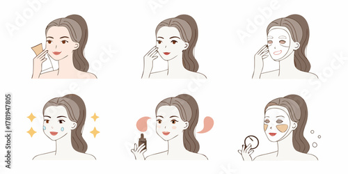 Woman performing a multi step skincare routine with facial masks and serums for healthy glowing skin