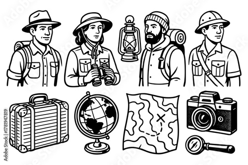 Adventurers and exploration gear in detailed black and white illustrations