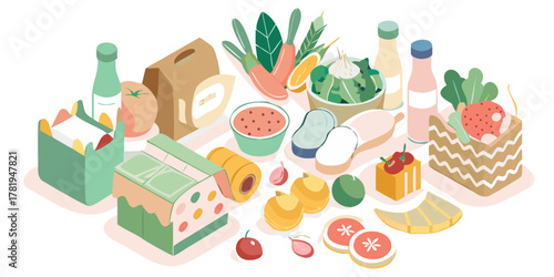 Isometric illustration of a variety of fresh food items and groceries arranged in a visually appealing composition