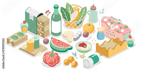Isometric flat design illustration of various food items and kitchenware arranged on a black background