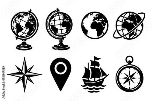 Black and white globe icons with compass, ship, and navigation elements