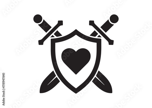 Shield and swords with heart icon, Shield and swords with heart solid vector