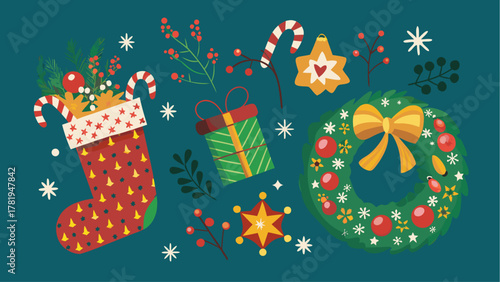 Festive holiday cheer with Christmas stocking, candy cane, wreath and gift box, perfect for winter holiday promotions and seasonal designs, originally a scalable vector graphic