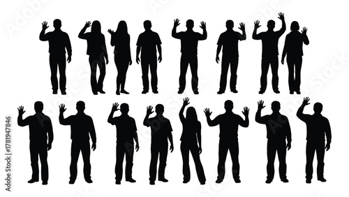 Diverse group of waving people silhouettes isolated on white background, Vector