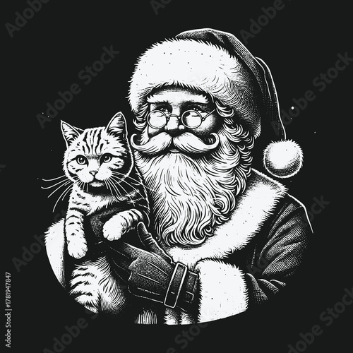 Vintage Black and White Illustration of Santa Claus Holding a Cat.