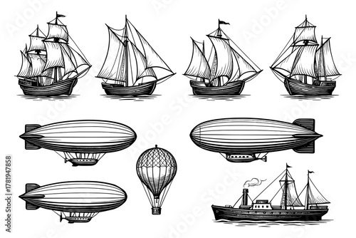 Vintage nautical collection: sailing ships, airships, and hot air balloon icons