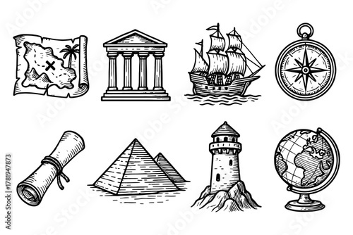 Hand drawn vintage exploration icons featuring nautical and ancient elements
