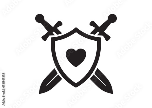 Shield and swords with heart icon, Shield and swords with heart solid vector