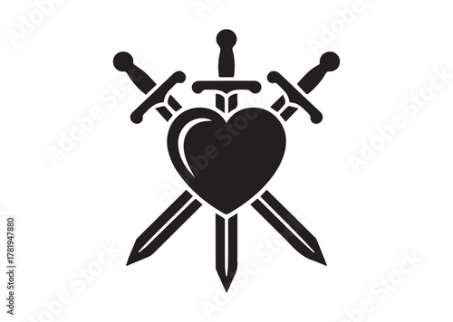 Shield and swords with heart icon, Shield and swords with heart solid vector