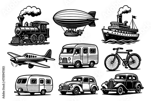 Vintage transportation collection: train, airship, ship, plane, camper, bicycle, cars