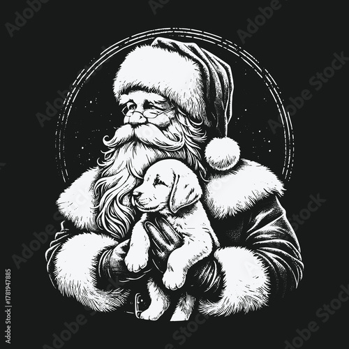 Vintage Black and White Illustration of Santa Claus Holding a Puppy.