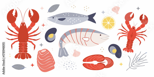 Assortment of fresh seafood and fish with lemon and shells in a flat illustration style