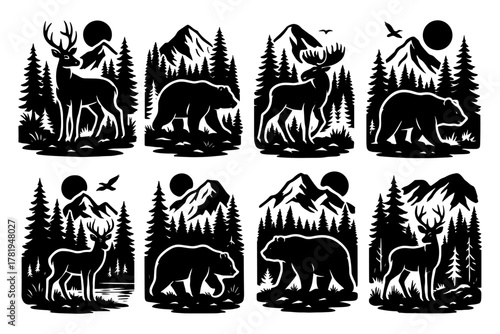 Wildlife silhouettes in forest scenes featuring deer and bear with mountain backdrop