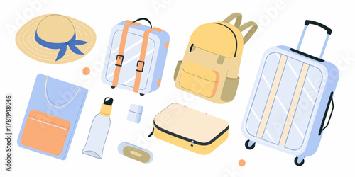 Collection of travel essentials including luggage backpack hat bag and toiletries on a white background