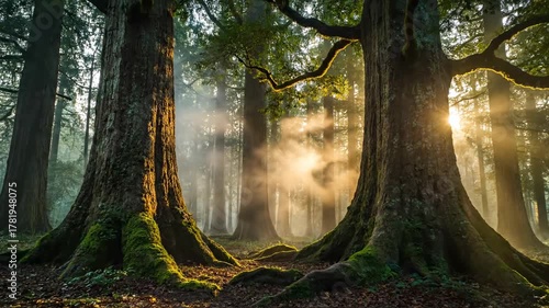 Slow motion mist gently drifts through ancient forest trees at dawn growth, slow motion, mystery