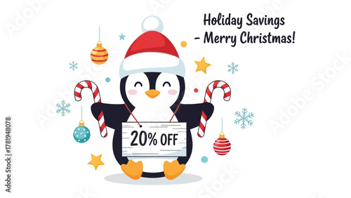Holiday Savings Announcement: A festive penguin adorned in a Santa hat, holds a sign proclaiming 20% OFF surrounded by candy canes and ornaments, embodies the joy and cheer of the holiday season.