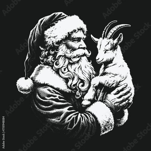 Vintage Black and White Illustration of Santa Claus Holding a Goat.
