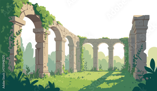 Ancient stone arch ruins with green vines and sunlight vector illustration on white background