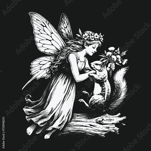 Black and white vintage illustration of a fairy with a squirrel.