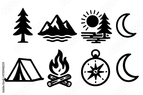 Adventure icons: nature, camping, and exploration symbols in bold line art