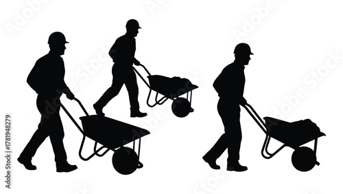 Construction workers pushing wheelbarrows silhouette isolated on white background, Vector