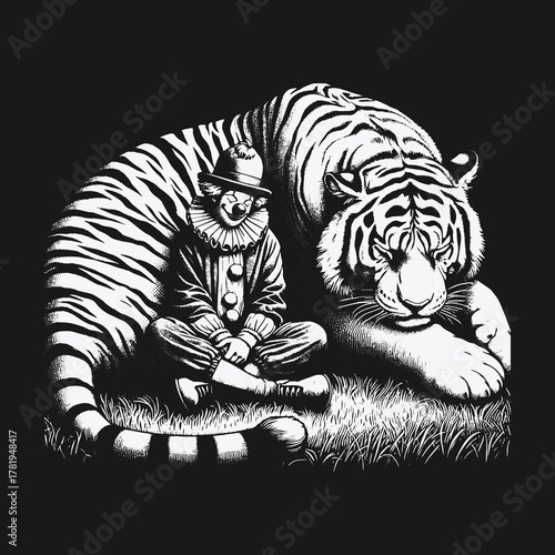 Surreal monochrome illustration of a clown sitting peacefully with a tiger.