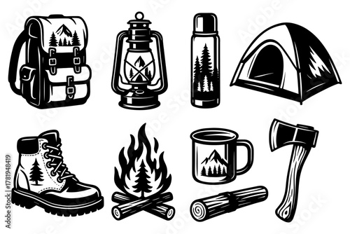 Adventure camping icons featuring gear and equipment in monochrome style