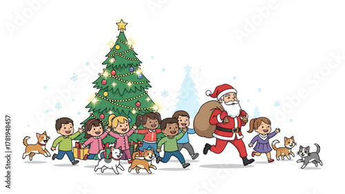 Christmas Cheer with Santa and Friends: Santa Claus, a jovial figure, leads a procession of joyful children and playful dogs, their faces alight with festive anticipation.