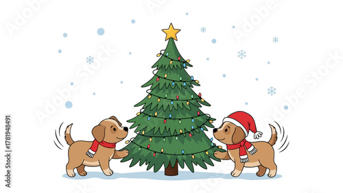 Festive Pups Decorating the Christmas Tree: Two adorable pups, one adorned with a Santa hat and the other with a winter scarf, playfully decorate a Christmas tree, creating a joyful holiday scene.