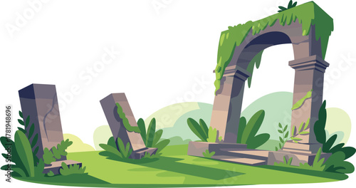 Ancient stone arch ruins with moss and plants vector illustration on white background