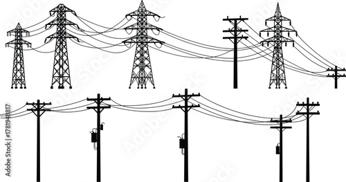 Electric power transmission towers and utility poles silhouette, energy distribution and infrastructure network design, cad drawing flat vector illustration