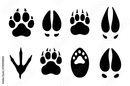 Animal paw and hoof silhouettes set on white background