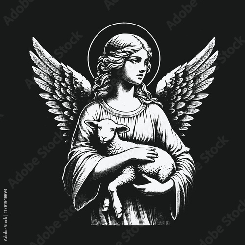 Vintage black and white illustration of a serene angel holding a lamb.