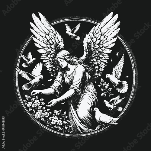 Classic Black and White Illustration of a Winged Angel with Doves.