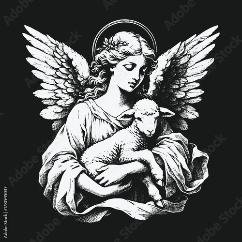 Classical black and white illustration of a serene angel holding a lamb.