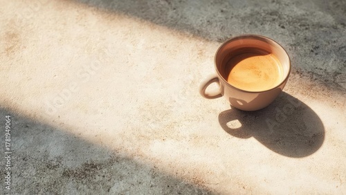 A cup of coffee with crema on a sunlit, textured concrete surface, casting a large shadow. Concept Coffee crema, Sunlit concrete texture, Large shadow, Macro coffee shot, Street photography