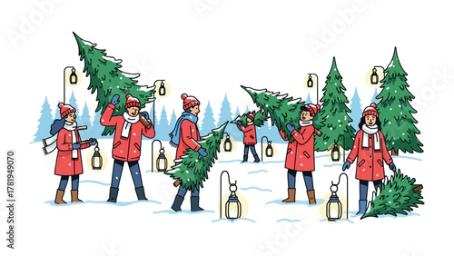 Gathering Christmas Spirit: A festive group of individuals, bundled in warm attire, carries freshly cut Christmas trees through a snowy landscape, illuminated by soft lanterns.