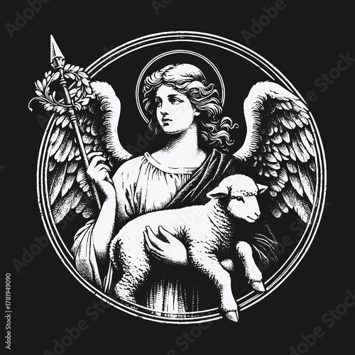 Vintage Engraving Style Illustration of an Angel Holding a Lamb.