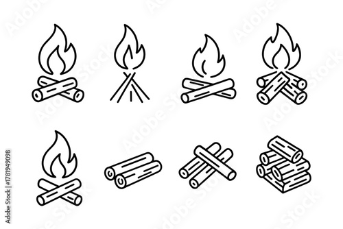 Set of minimalist campfire and logs icons in outline style