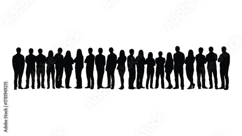 Diverse group of people silhouettes standing in a line isolated on white background, Vector