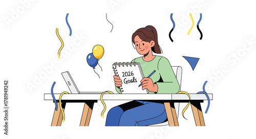 Enthusiastic young woman actively planning her 2024 goals and resolutions, setting future aspirations for personal growth and success amidst a festive new year celebration