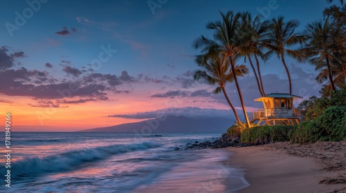 Fototapeta Naklejka Na Ścianę i Meble -  Kamaole Beach Serenity: Sunset Views Over Maui's Coastline with Swaying Palms and Gentle Waves