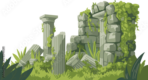 Ancient stone ruins covered with moss and vines vector illustration on white background