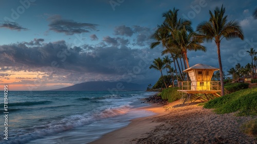 Fototapeta Naklejka Na Ścianę i Meble -  Kamaole Beach at Dusk: A Tropical Paradise with Palm Trees, Majestic Waves, and a Lifeguard Hut in Maui's Sunset Glow