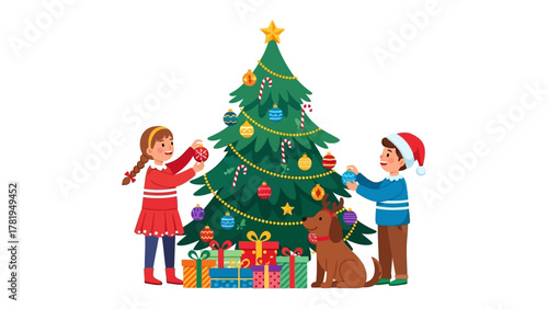 Christmas Tree Decoration: Joyful children, accompanied by their loyal canine companion, deck the halls with festive ornaments, transforming a verdant tree into a beacon of holiday cheer.
