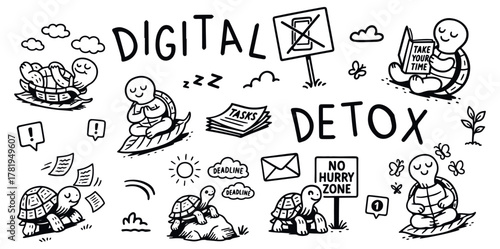 Cartoon turtle practicing digital detox through reading, relaxing, and mindfulness, set of vector, tracing